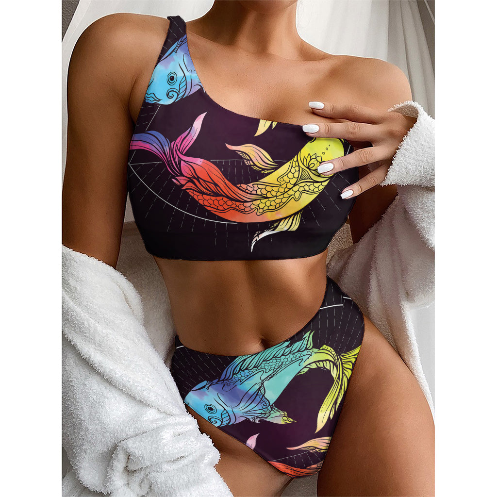 Colorful Pisces Sign Print One Shoulder Bikini Top