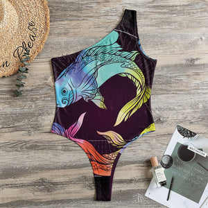 Colorful Pisces Sign Print One Shoulder Bodysuit