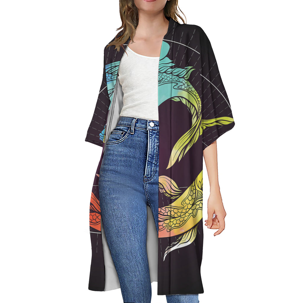 Colorful Pisces Sign Print Open Front Beach Cover Up