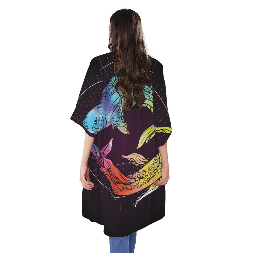 Colorful Pisces Sign Print Open Front Beach Cover Up