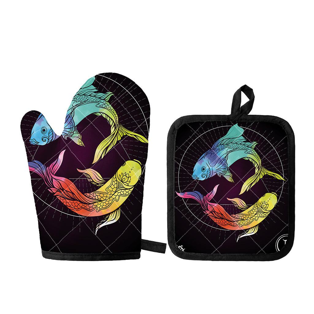 Colorful Pisces Sign Print Oven Mitt And Pot Holder Set