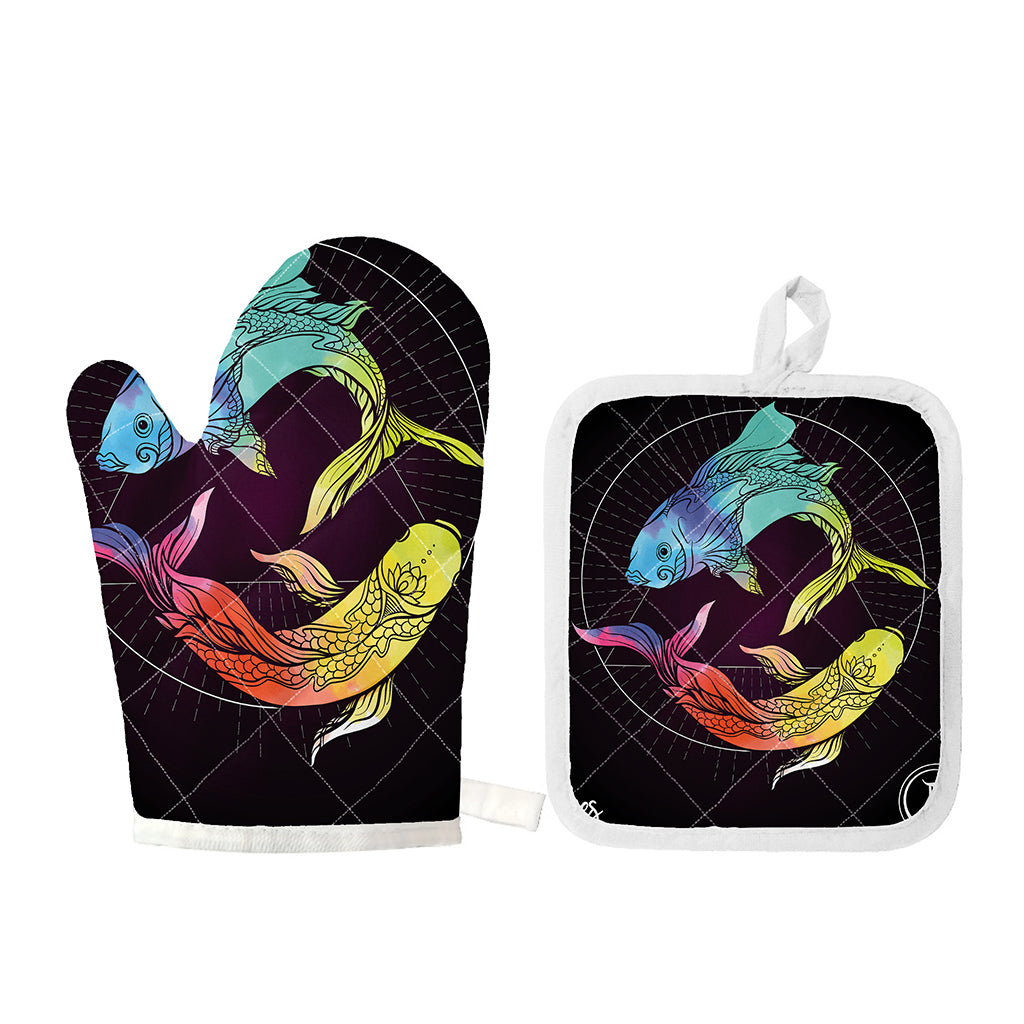 Colorful Pisces Sign Print Oven Mitt And Pot Holder Set