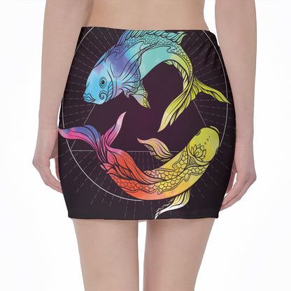 Colorful Pisces Sign Print Pencil Mini Skirt