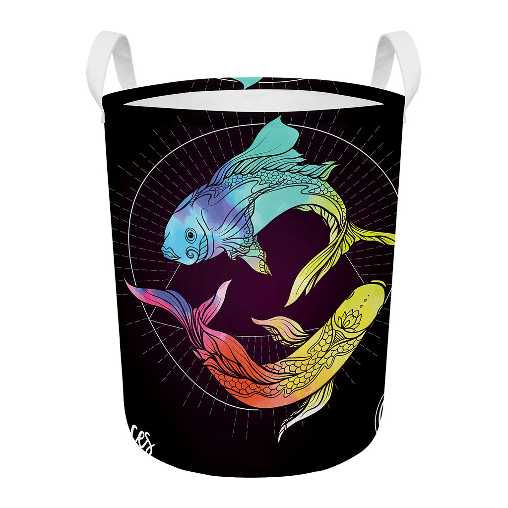 Colorful Pisces Sign Print Round Laundry Basket