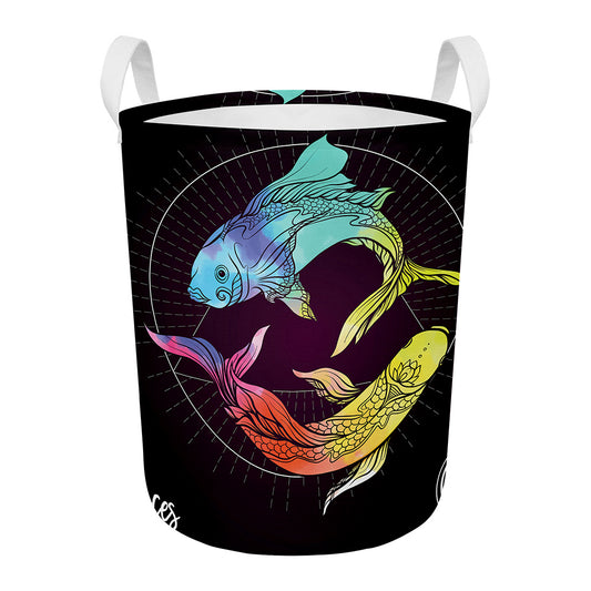 Colorful Pisces Sign Print Round Laundry Basket