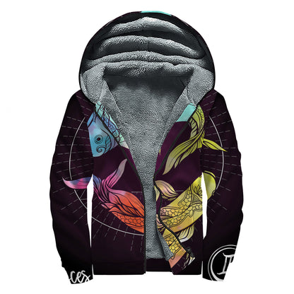 Colorful Pisces Sign Print Sherpa Lined Zip Up Hoodie