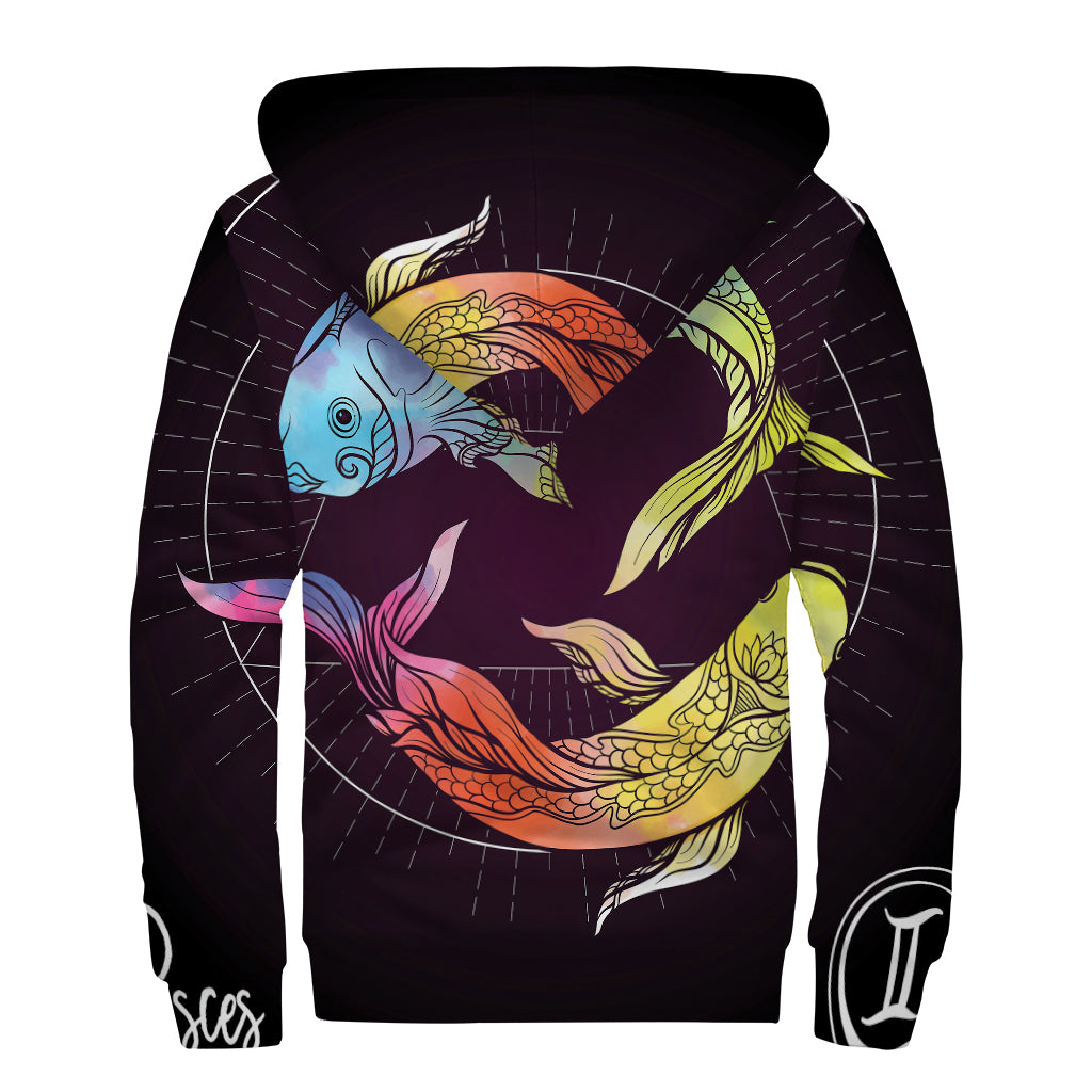 Colorful Pisces Sign Print Sherpa Lined Zip Up Hoodie