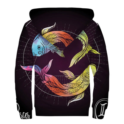 Colorful Pisces Sign Print Sherpa Lined Zip Up Hoodie