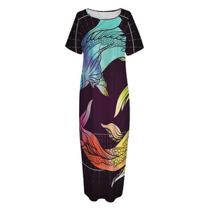 Colorful Pisces Sign Print Short Sleeve Long Nightdress