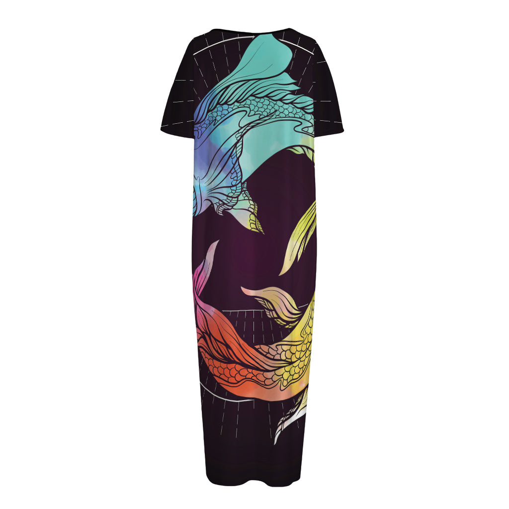 Colorful Pisces Sign Print Short Sleeve Long Nightdress