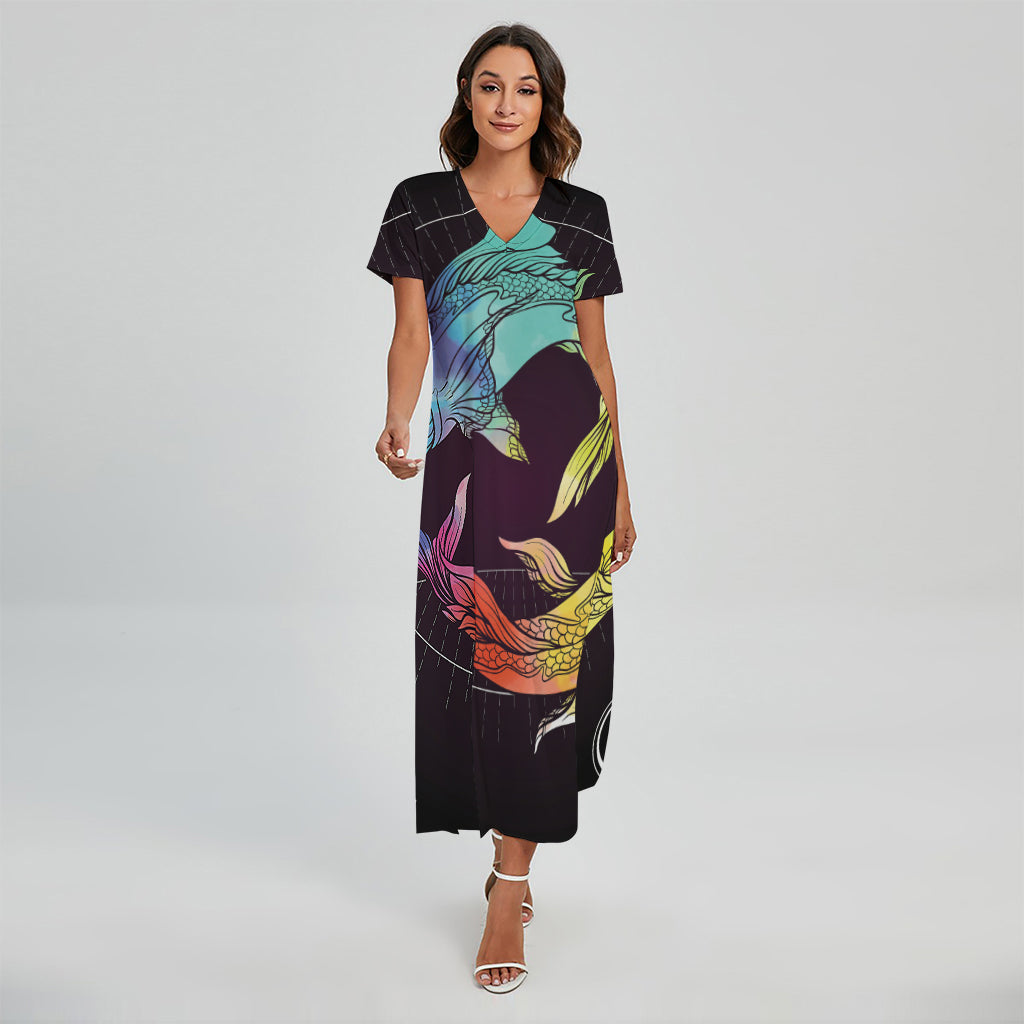 Colorful Pisces Sign Print Short Sleeve Maxi Dress