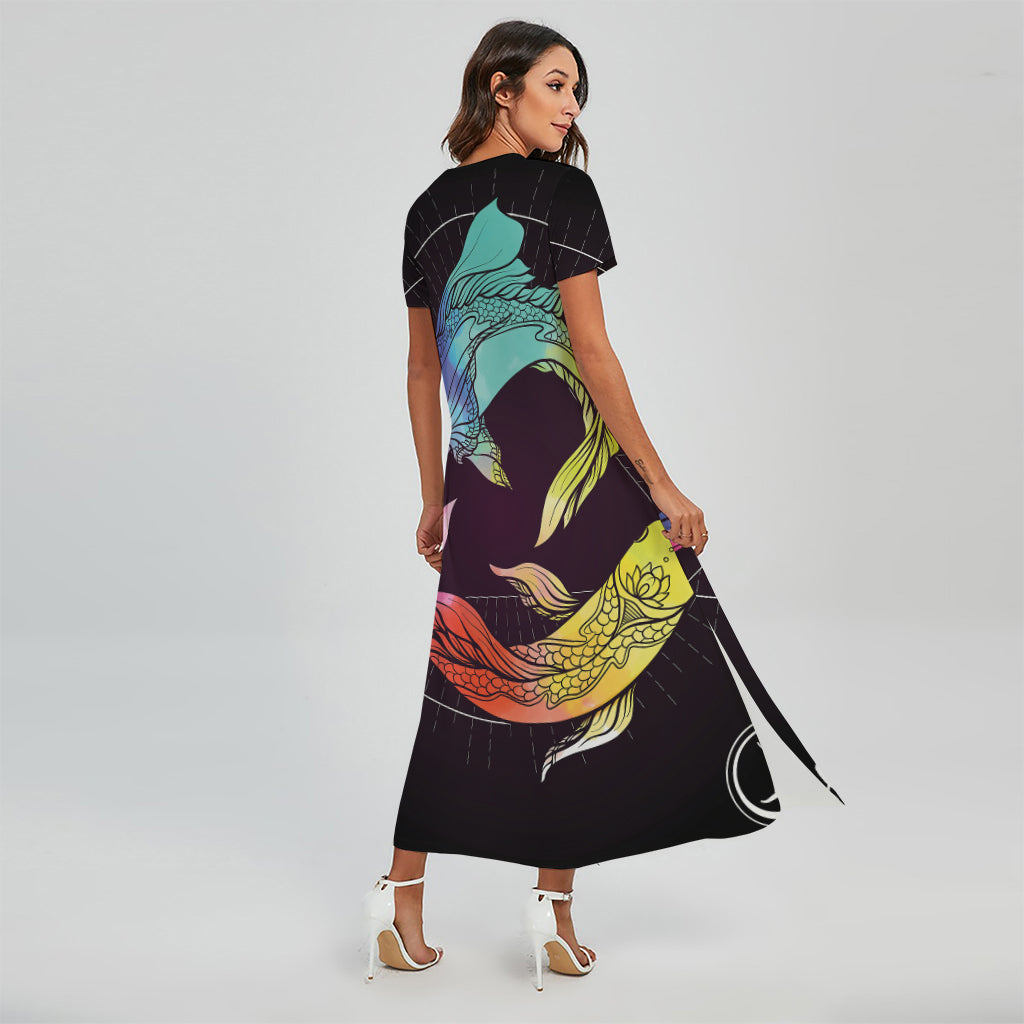 Colorful Pisces Sign Print Short Sleeve Maxi Dress