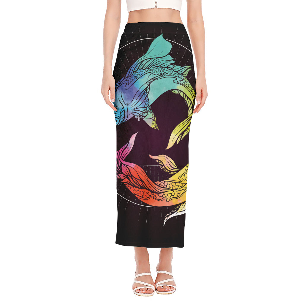 Colorful Pisces Sign Print Side Slit Maxi Skirt