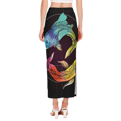 Colorful Pisces Sign Print Side Slit Maxi Skirt