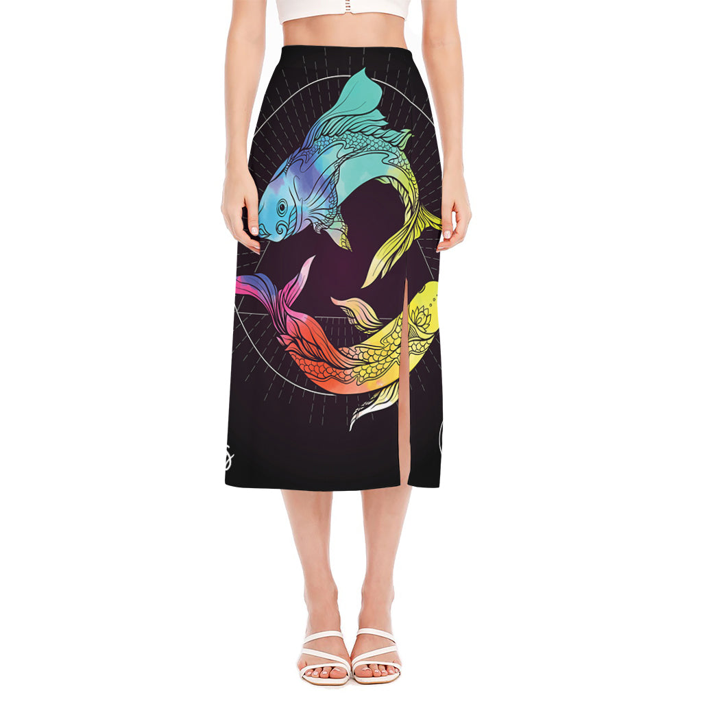 Colorful Pisces Sign Print Side Slit Midi Skirt