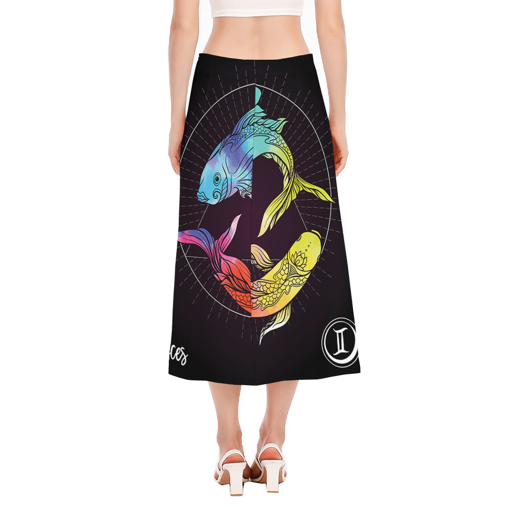 Colorful Pisces Sign Print Side Slit Midi Skirt