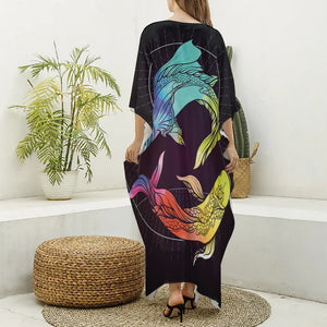 Colorful Pisces Sign Print Silk V-Neck Kaftan Dress