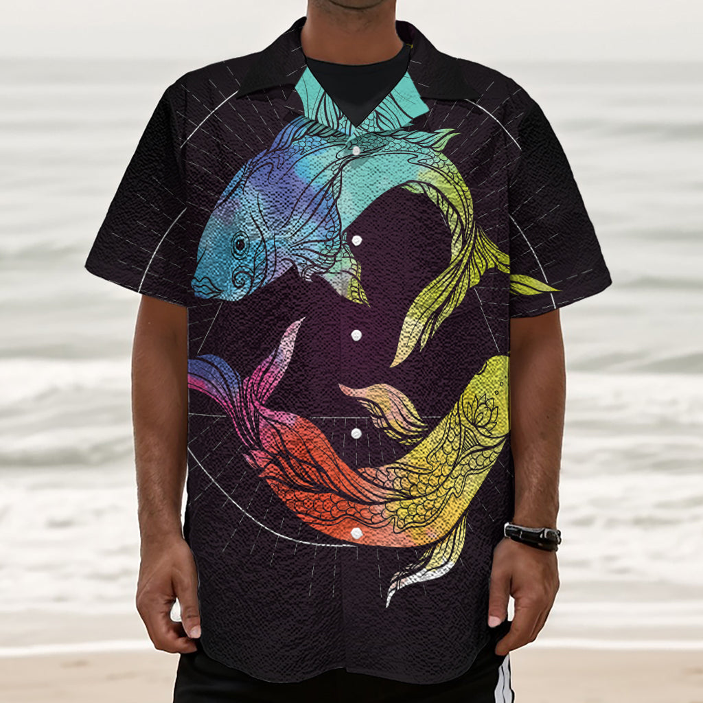 Colorful Pisces Sign Print Textured Short Sleeve Shirt