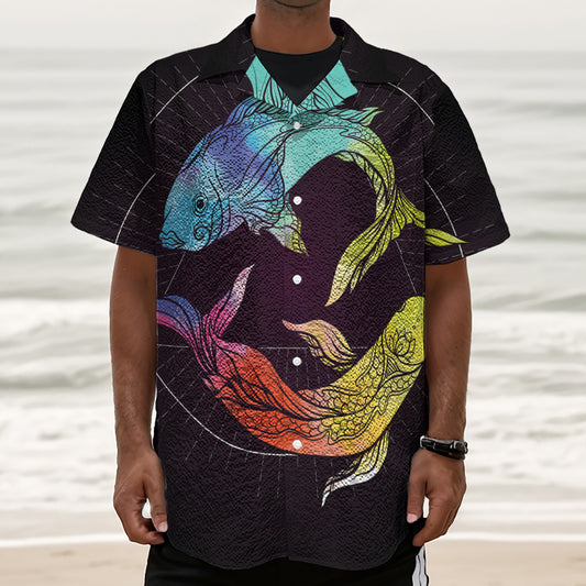 Colorful Pisces Sign Print Textured Short Sleeve Shirt