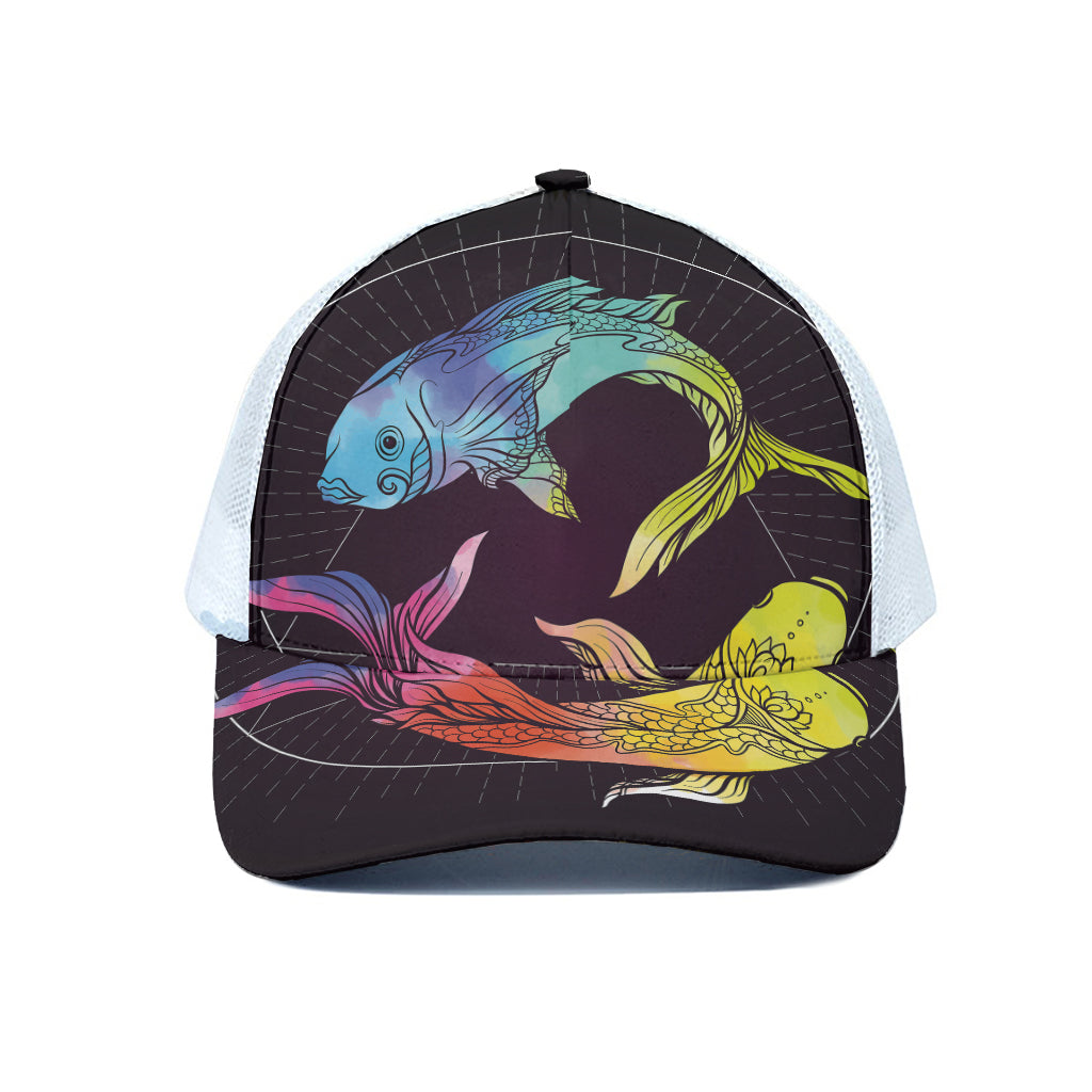 Colorful Pisces Sign Print White Mesh Trucker Cap