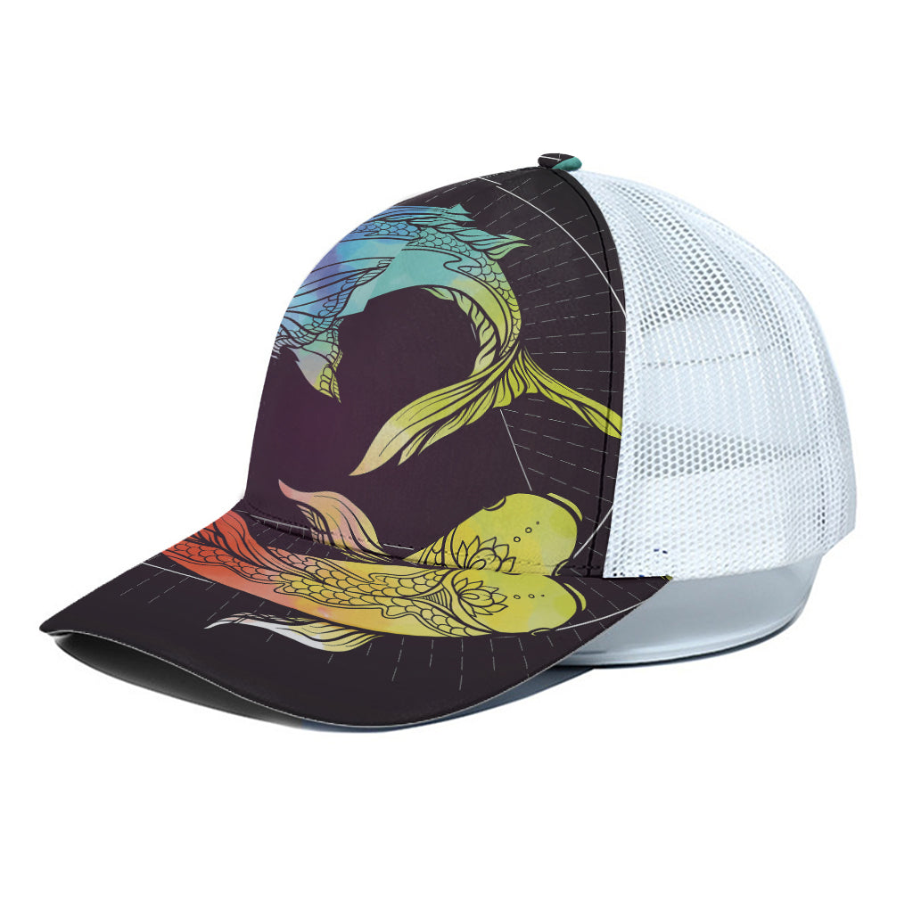 Colorful Pisces Sign Print White Mesh Trucker Cap