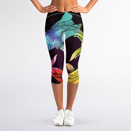 Colorful Pisces Sign Print Women's Capri Leggings