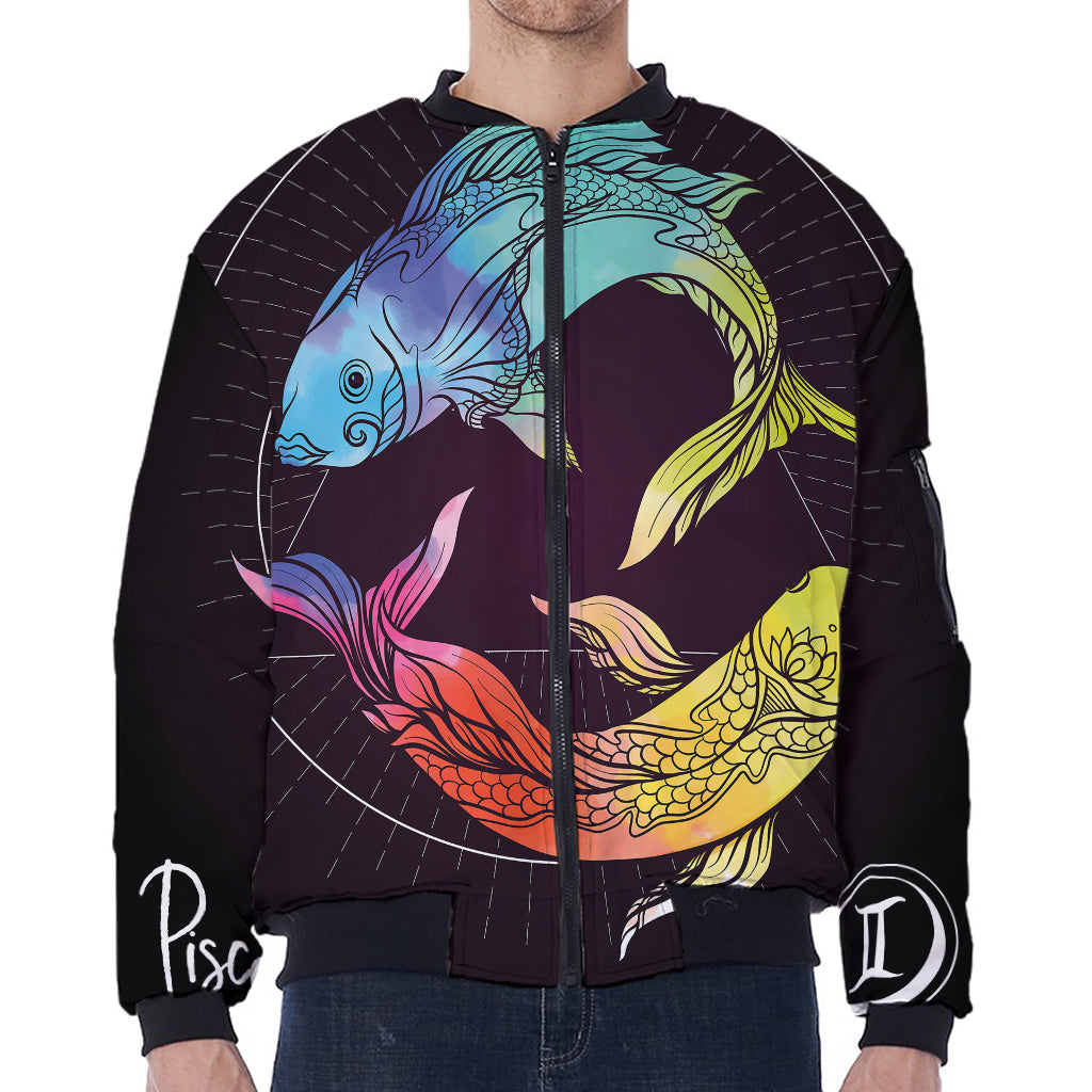 Colorful Pisces Sign Print Zip Sleeve Bomber Jacket