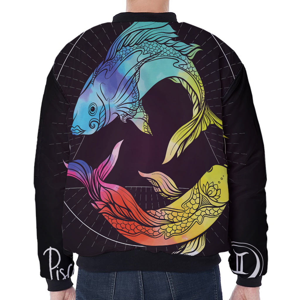 Colorful Pisces Sign Print Zip Sleeve Bomber Jacket