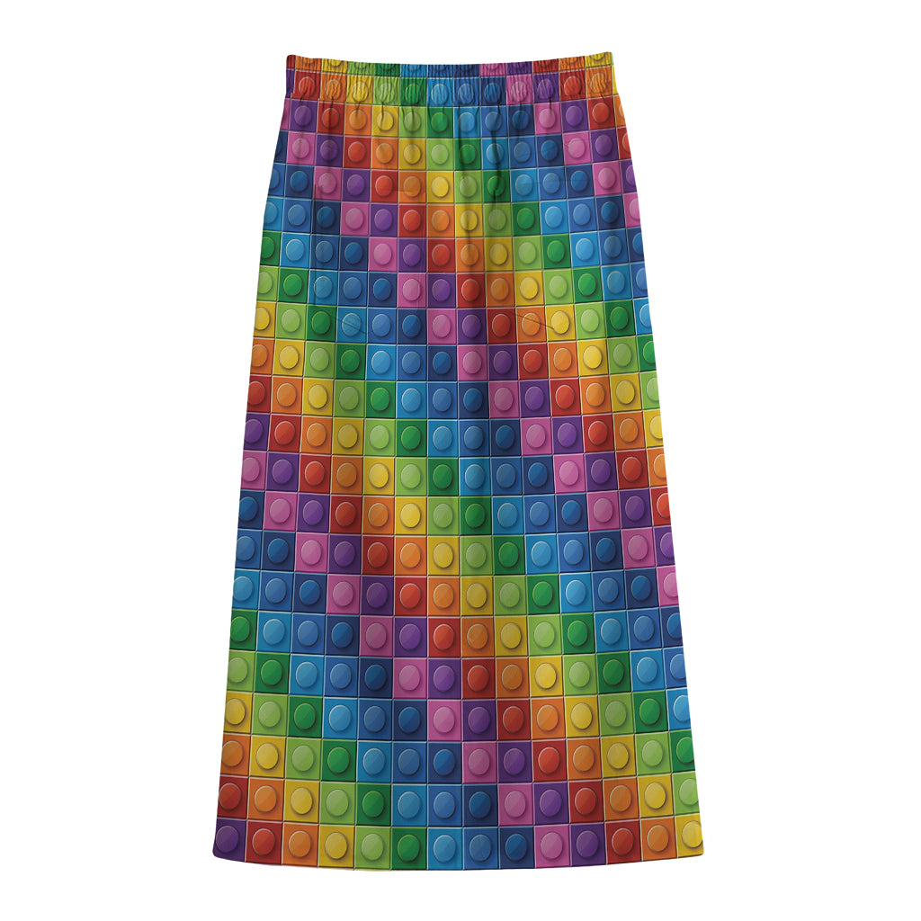 Colorful Plastic Building Blocks Print Cotton Front Slit Maxi Skirt