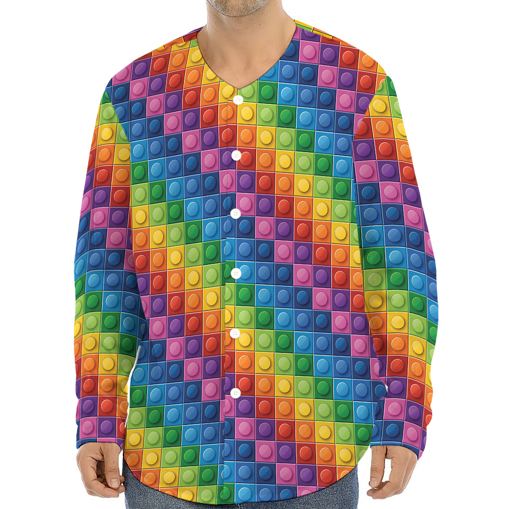 Colorful Plastic Building Blocks Print Long Sleeve Baseball Jersey