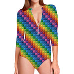 Colorful Plastic Building Blocks Print Long Sleeve Swimsuit