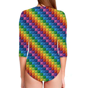 Colorful Plastic Building Blocks Print Long Sleeve Swimsuit