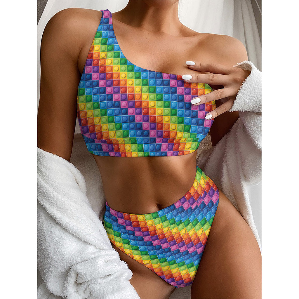 Colorful Plastic Building Blocks Print One Shoulder Bikini Top