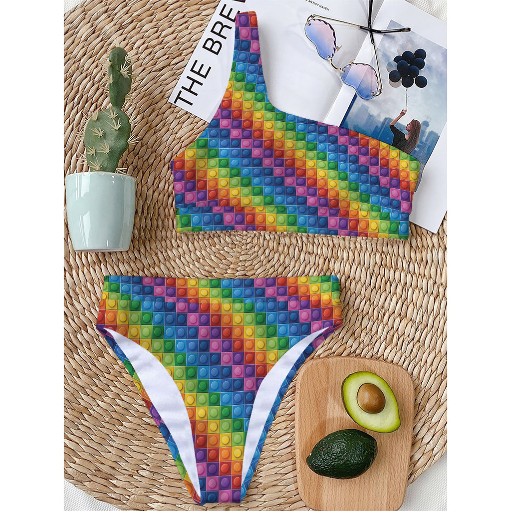 Colorful Plastic Building Blocks Print One Shoulder Bikini Top