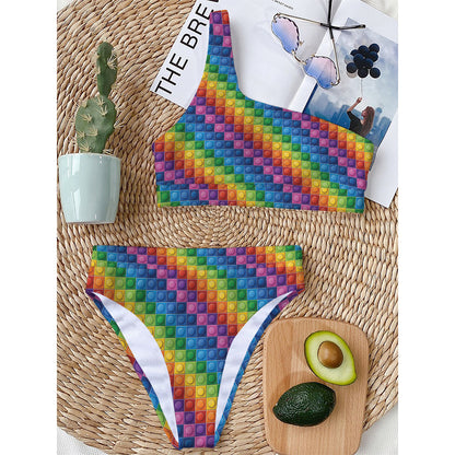 Colorful Plastic Building Blocks Print One Shoulder Bikini Top