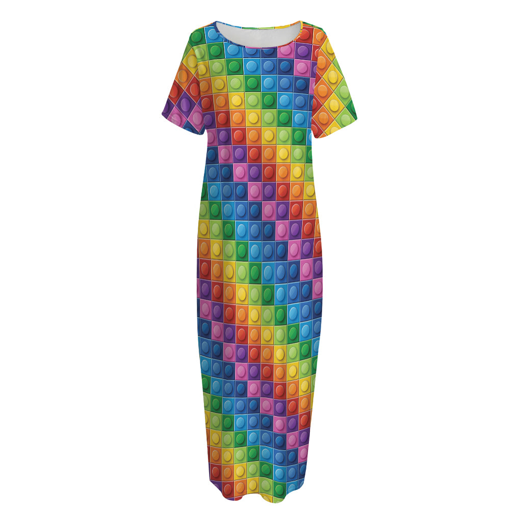 Colorful Plastic Building Blocks Print Short Sleeve Long Nightdress