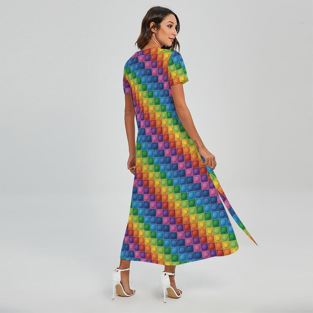 Colorful Plastic Building Blocks Print Short Sleeve Maxi Dress