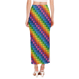 Colorful Plastic Building Blocks Print Side Slit Maxi Skirt