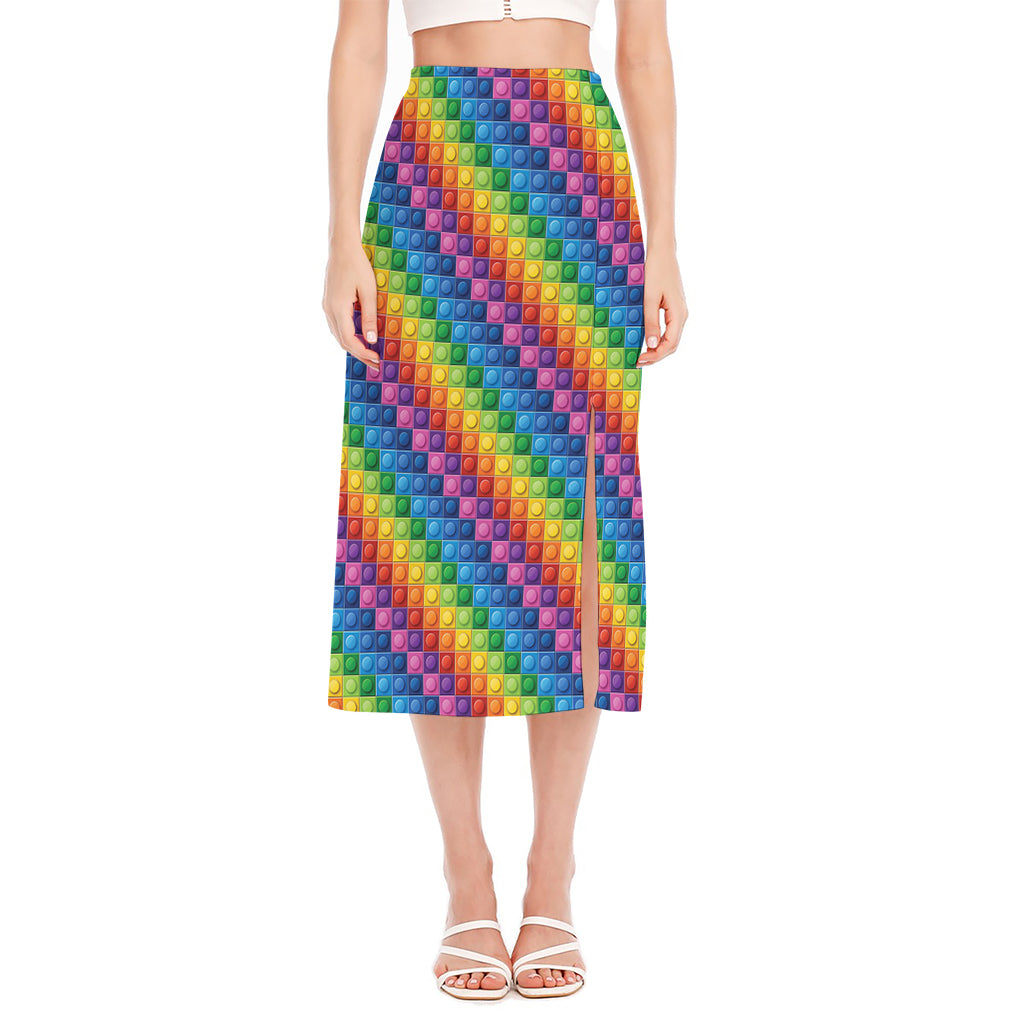 Colorful Plastic Building Blocks Print Side Slit Midi Skirt