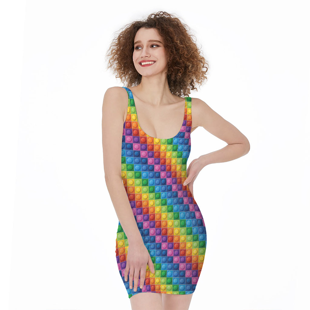 Colorful Plastic Building Blocks Print Sleeveless Bodycon Dress