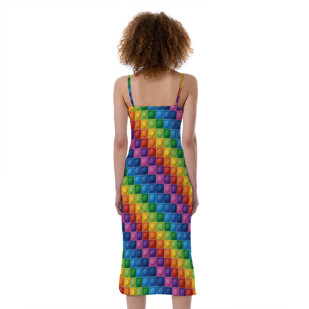 Colorful Plastic Building Blocks Print Slim Fit Midi Cami Dress