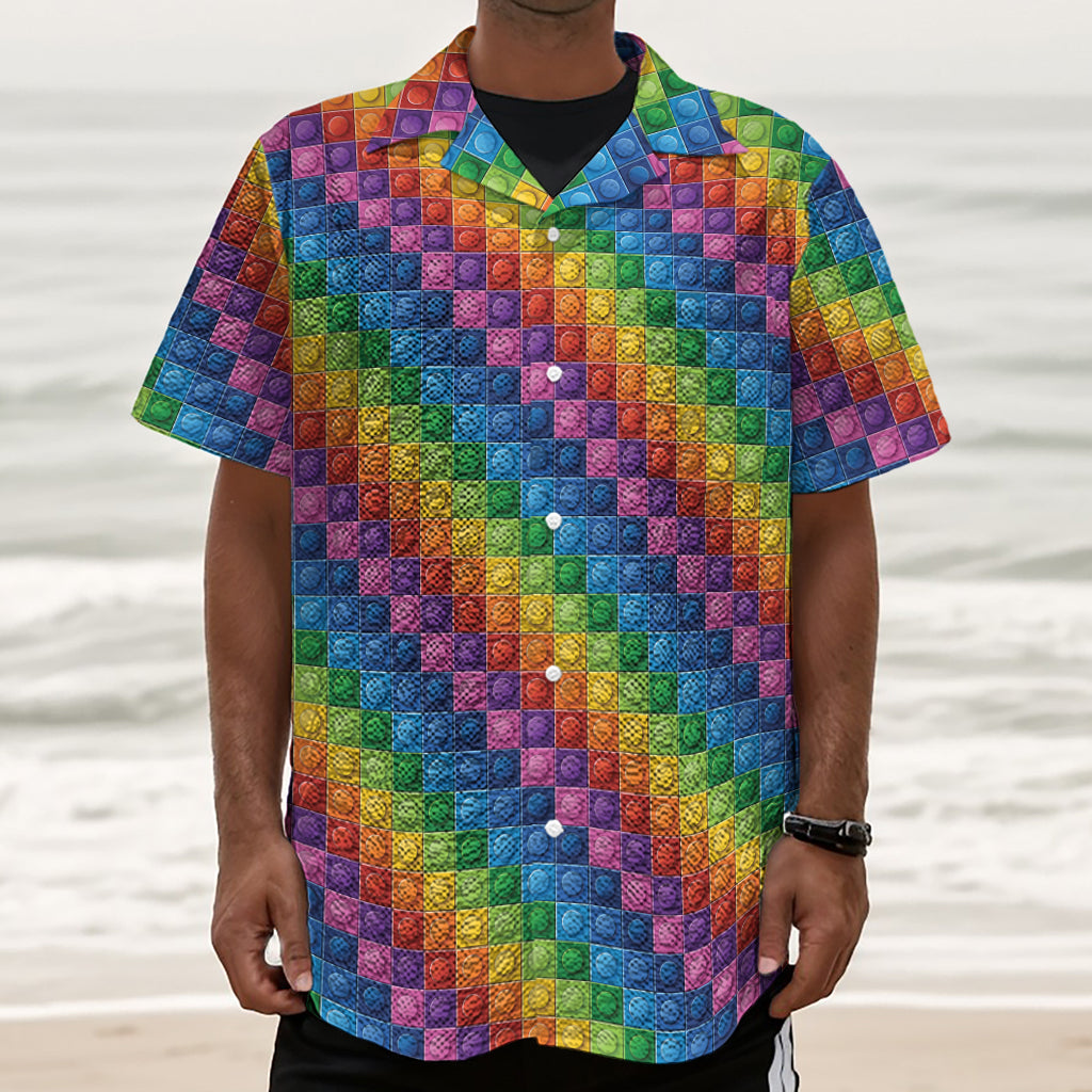 Colorful Plastic Building Blocks Print Textured Short Sleeve Shirt