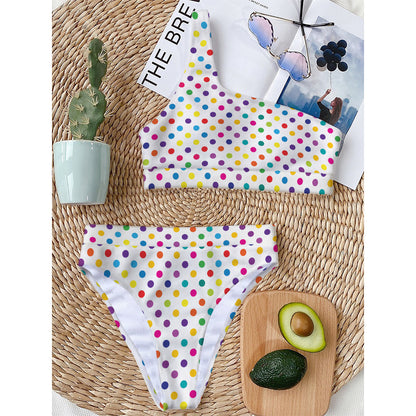Colorful Polka Dot Pattern Print One Shoulder Bikini Top