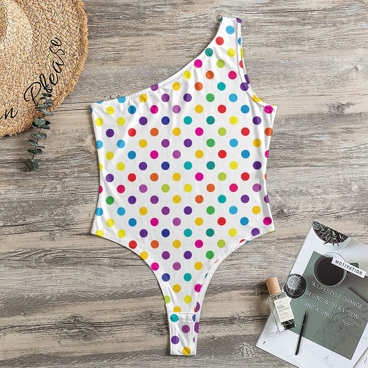 Colorful Polka Dot Pattern Print One Shoulder Bodysuit