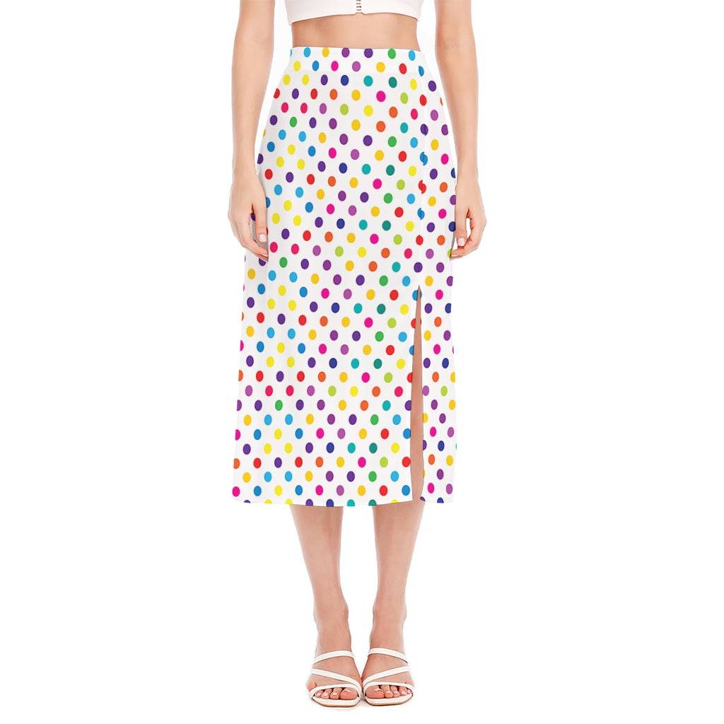 Colorful Polka Dot Pattern Print Side Slit Midi Skirt