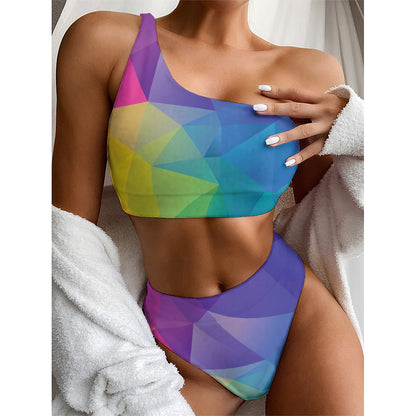Colorful Polygonal Geometric Print One Shoulder Bikini Top