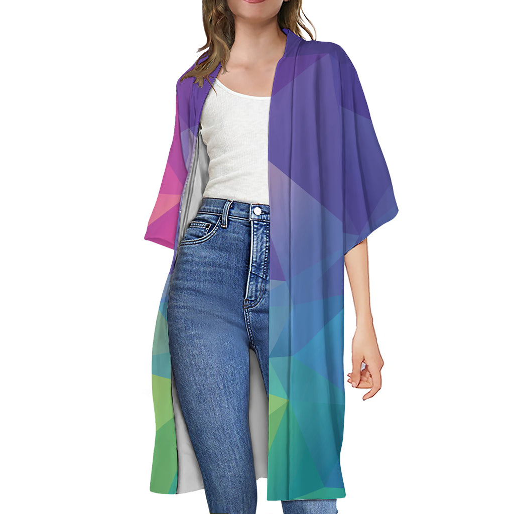 Colorful Polygonal Geometric Print Open Front Beach Cover Up