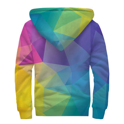 Colorful Polygonal Geometric Print Sherpa Lined Zip Up Hoodie