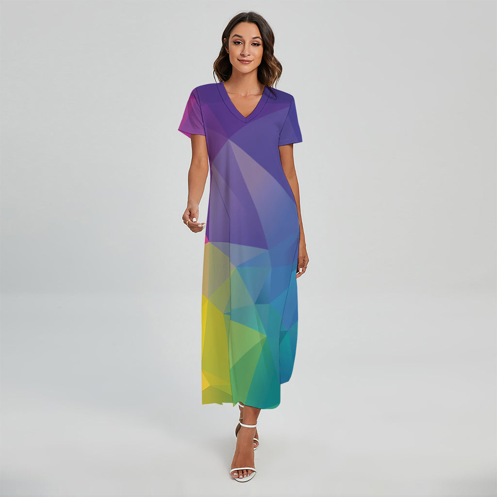 Colorful Polygonal Geometric Print Short Sleeve Maxi Dress
