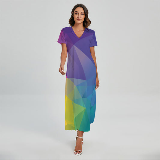 Colorful Polygonal Geometric Print Short Sleeve Maxi Dress